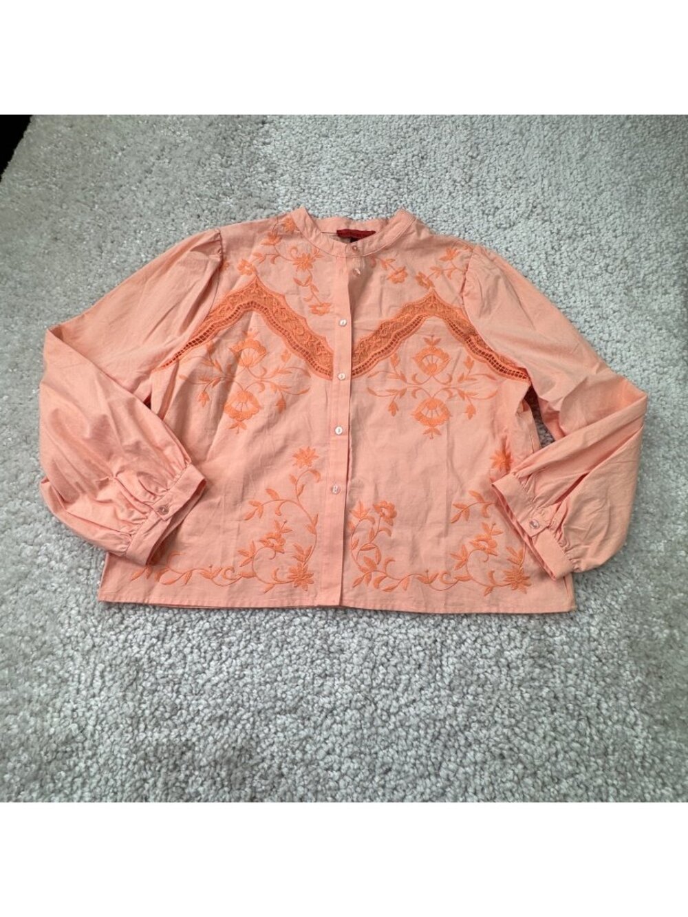 Hester & Orchard Embroidered Lace Button Up Shirt Orange Peach Womens Medium
